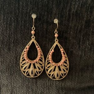 Gold and coral dangly earrings